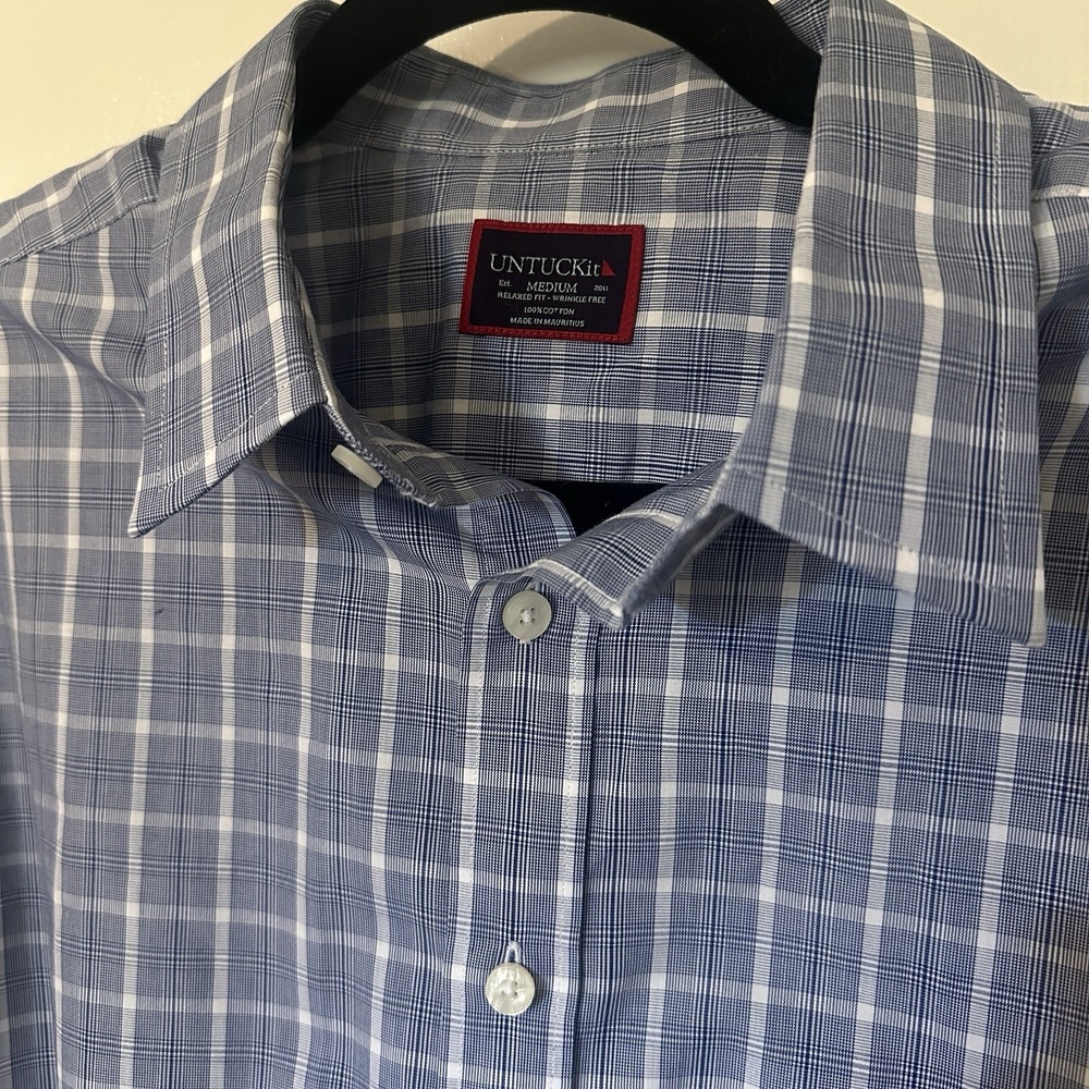 UNTUCKit Cotton Mens Dress Casual Shirt Medium‎ Blue White Plaid